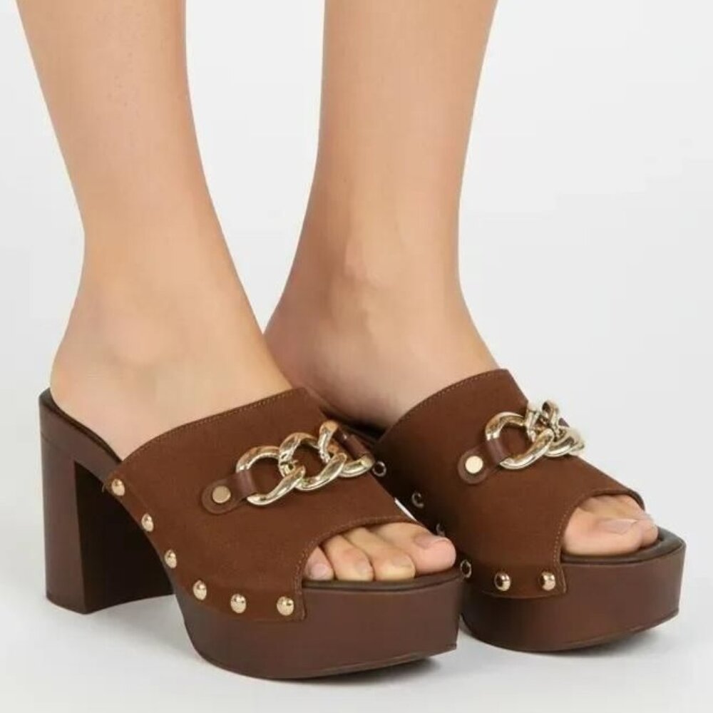 Carlo Pera Brown Suede Chain & Stud Accent Slip On Mule Platform Sandals Size 41